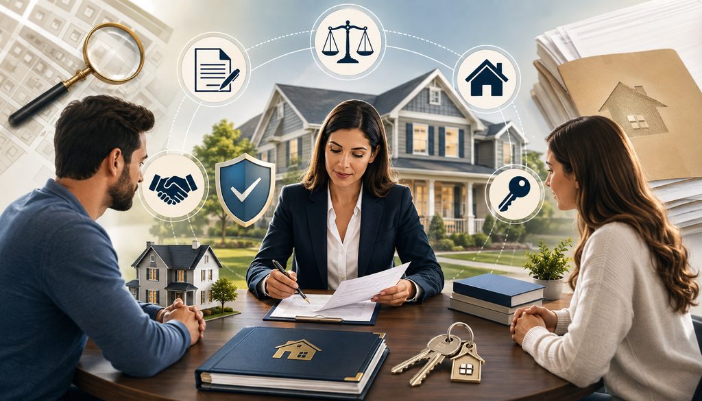 Settlement attorney reviewing real estate closing documents with buyers and sellers